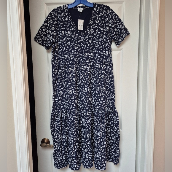 J. Crew 100% Cotton Navy Floral V-Neck Tiered Midi Dress Size Large, New W Tags - Picture 6 of 12